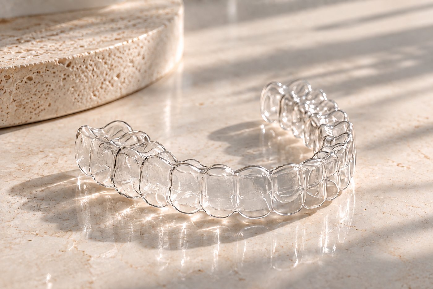 A clear orthodontic aligner on travertine
